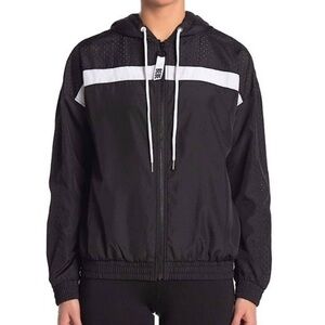 Bebe Women's Black Hooded Outdoor Mid Length Classic Wind Breaker Jacket